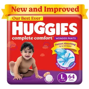 Huggies Wonder Pants Baby Diapers- L 64s (9-14kg) with Bubble Bed