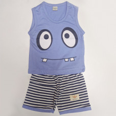 Fagottino Boys Sleeveless T-Shirt Set Cartoon Face Sky Blue