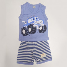 Fagottino Boys Sleeveless T-Shirt Set Smilly Car Sky Blue