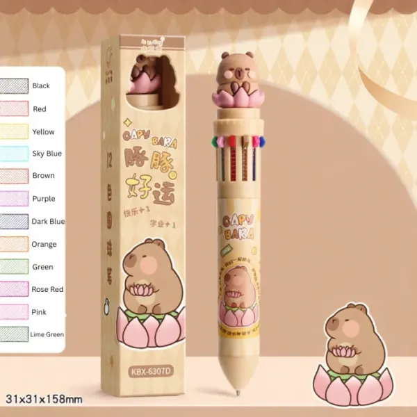 Cute Capybara 12-in-1 Multicolor Ballpoint Pen – Kawaii Cartoon Stationery for Kids & Students