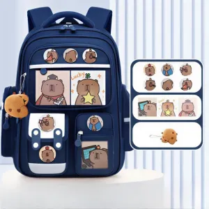 Sapphire Blue School Backpack - Capibara Theme